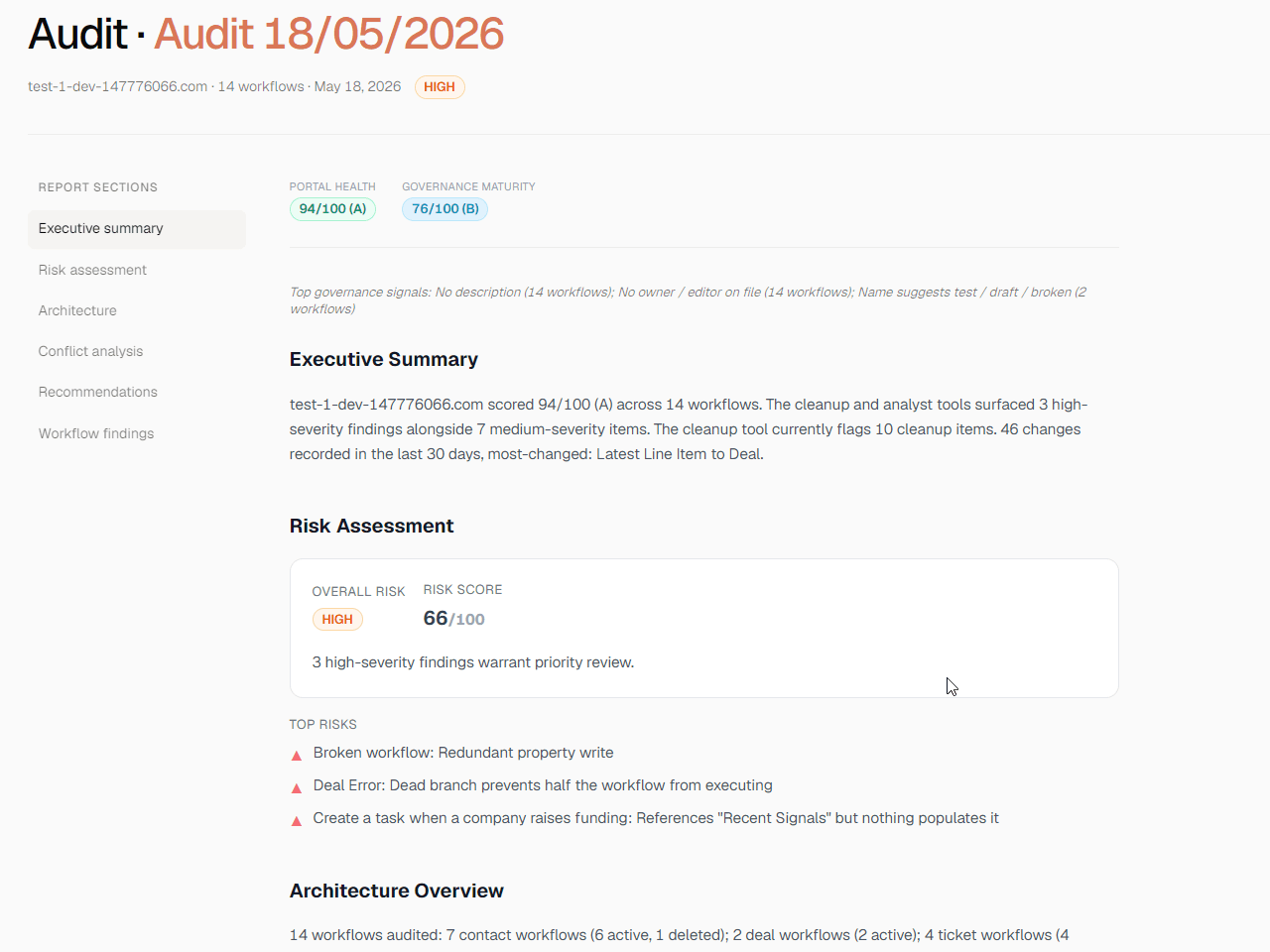 Audit findings grouped by severity, with HubSpot-specific fix suggestions under each finding