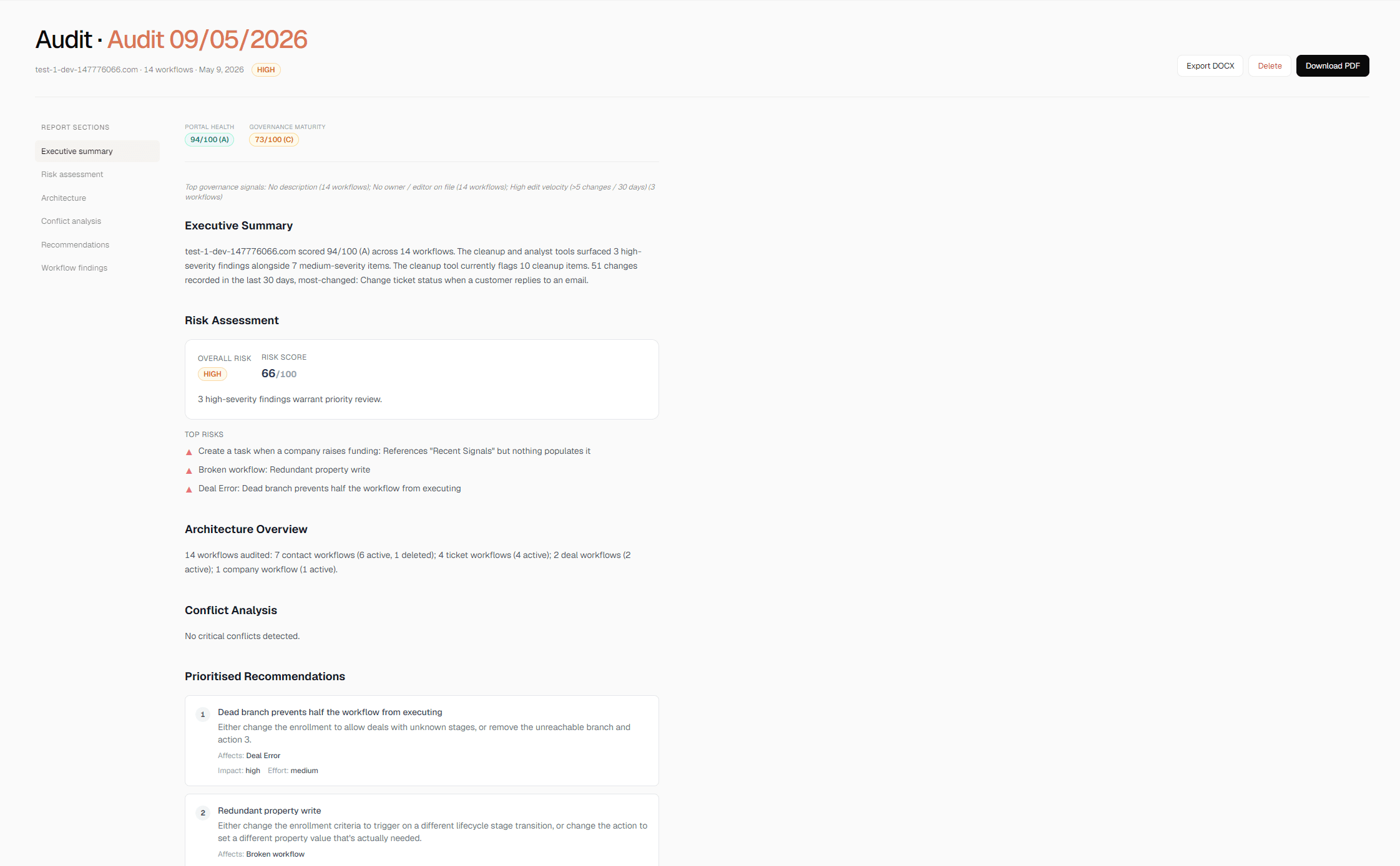 Entflow AI Workflow Audit report with portal health score, governance maturity grade, and risk findings