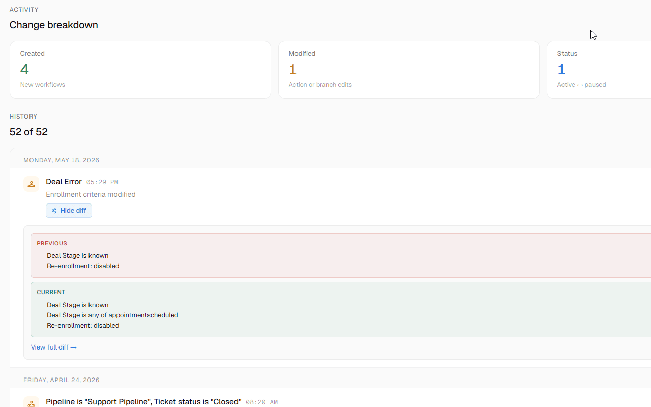 Single changelog entry expanded: the diff rendered in plain English with a timestamp