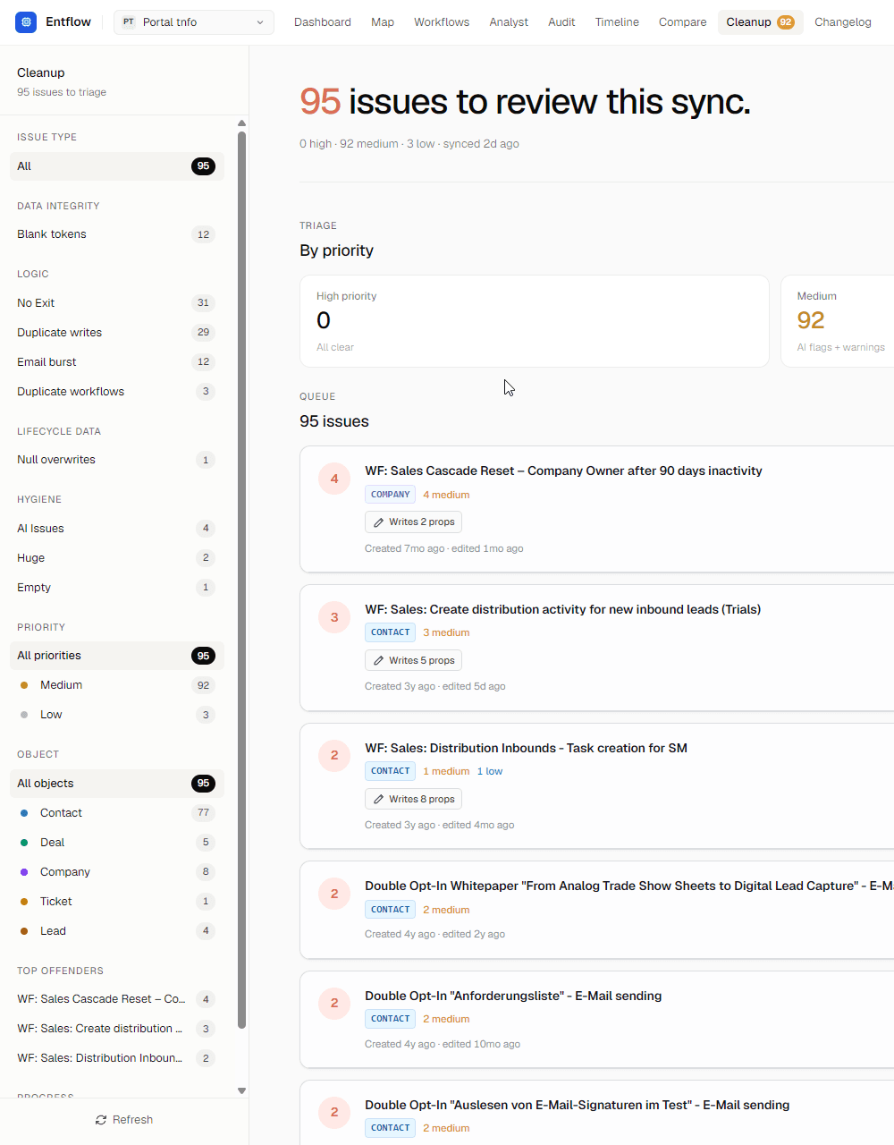 Cleanup page category rail: severity-ranked cleanup recommendations with item counts
