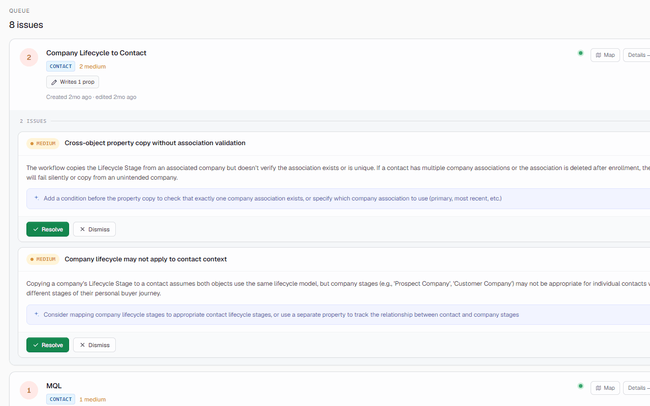 Cleanup item card flagging a workflow conflict with severity badge and the suggested fix
