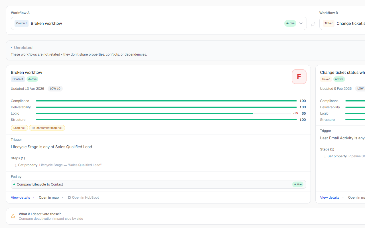 Workflow Compare view zoomed on a divergence row: two workflows differ in the same step