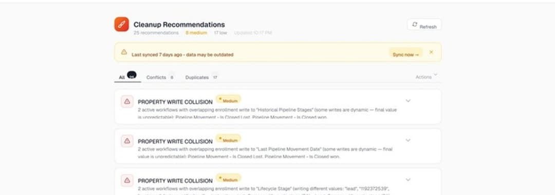 Entflow cleanup recommendations showing property write collisions with severity badges