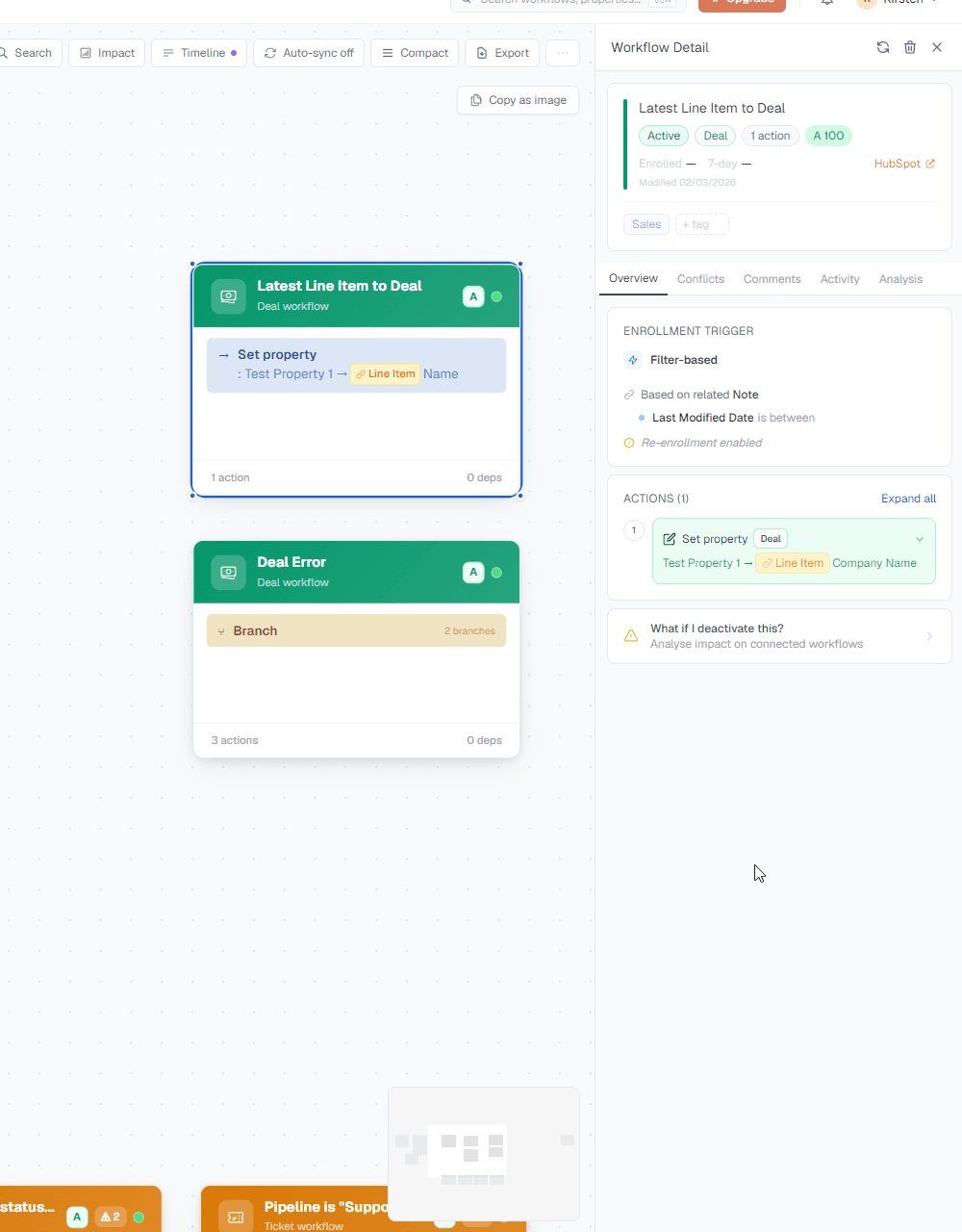 Workflow detail panel: enrollment criteria and the first action steps in sequence