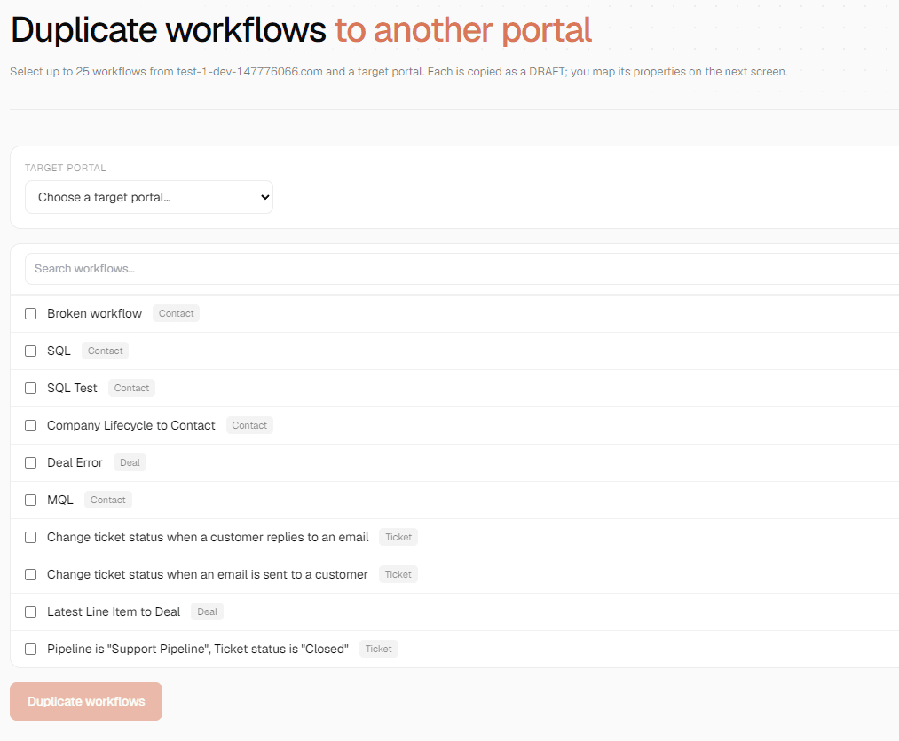 Entflow duplicate picker: choose a target portal and select workflows to copy across portals as drafts