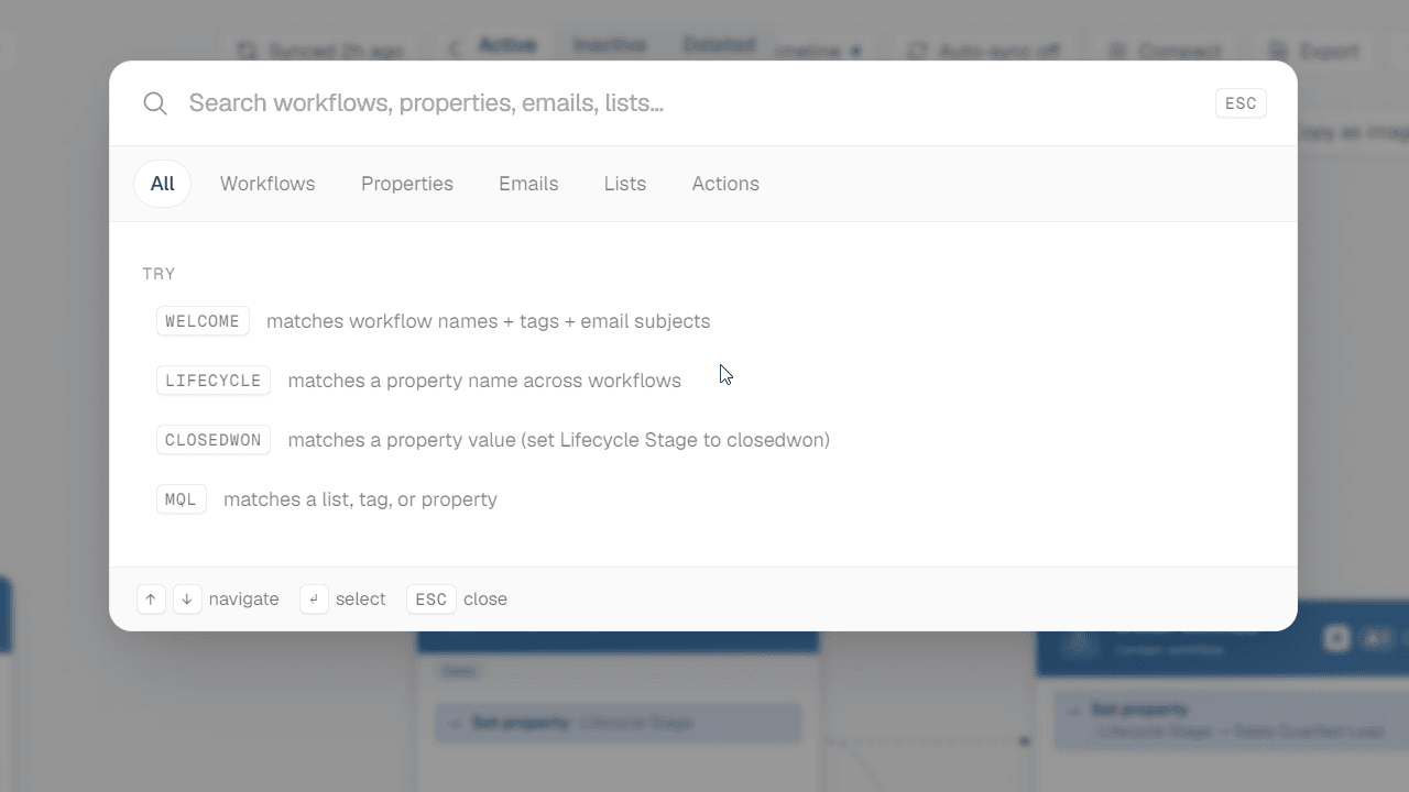 Cmd+K global search palette open mid-query, listing workflow results with the keyboard hint chip